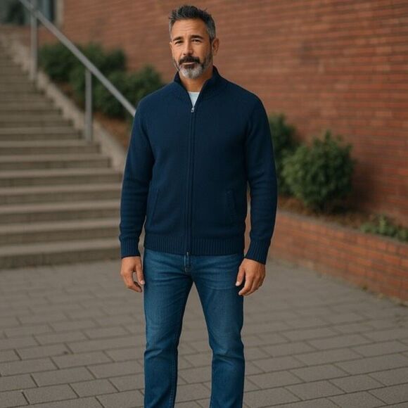 L.L. Bean Mens Ribbed Knit Cotton Full Zip Cardigan Sweater Navy Blue Size Large - Picture 1 of 10